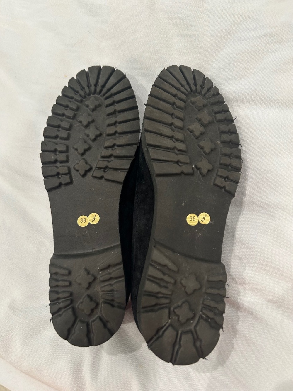 Andrea Carrano black suede loafers with tread sole.  Size 8